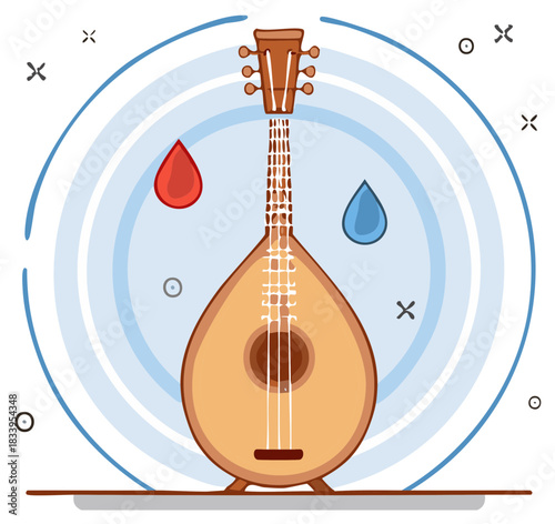 Stringed instrument with teardrop design, musical instrument vector art with water drop element, light blue background with music illustration