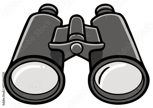 Cartoon illustration of black binoculars with a central focus knob for viewing distant objects