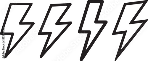 Set of Lightning Bolt Line Art Coloring Book Page, Energy Symbol Vector Illustration