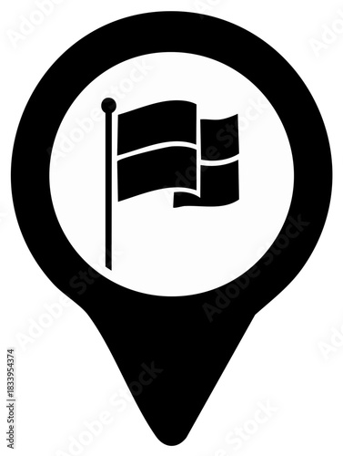 Flag Location Marker: Black Pin with a Waving Pennant, Identifying a Geographical Point