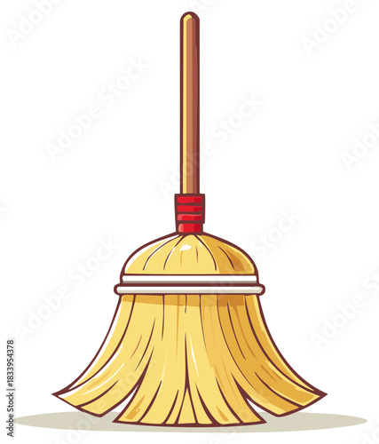 Cartoon broom with yellow bristles and a wooden handle, domestic cleaning tool illustration, floor care equipment