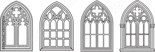Set of Gothic Window Frames Line Art Coloring Book Page, Architecture Vector Illustration