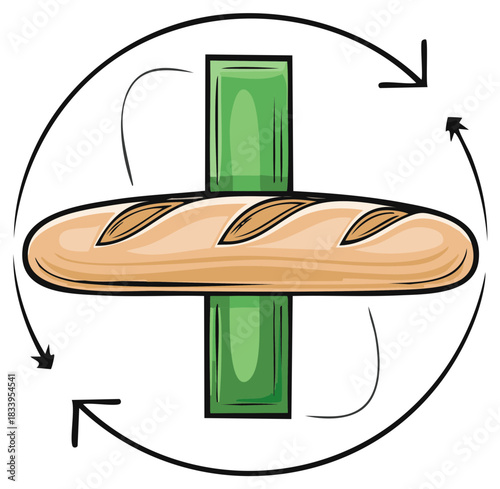 French baguette loaf rotating on a green vertical axis with arrows showing motion illustration