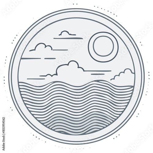 Minimalist line art illustration of sun and clouds over tranquil wavy ocean waters in a circular frame