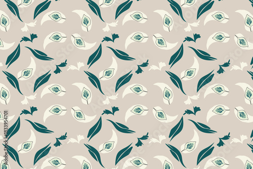 A sophisticated pattern featuring abstract paisley, leaf,  silhouettes in a rich teal blue, creating a dynamic botanical flow.