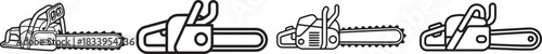 Set of Chainsaw Line Art Coloring Book Page, Tool Vector Illustration