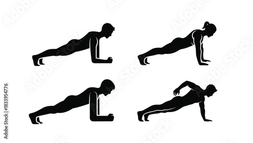 Silhouettes of men and women demonstrating plank and pushup exercises for fitness and core strength