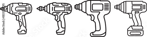 Set of Impact Driver Line Art Coloring Book Page, Tool Vector Illustration