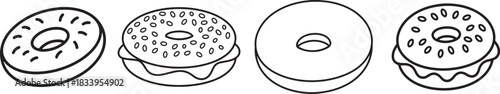 Set of Donut Line Art Coloring Book Page, Dessert Vector Illustration