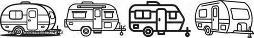 Set of Caravan Trailer Line Art Coloring Book Page, Travel Vehicle Vector Illustration