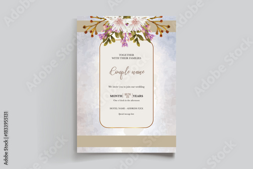 WEDDING INVITATION FRAME WITH FLOWER DECORATIONS AND FRESH LEAVES
