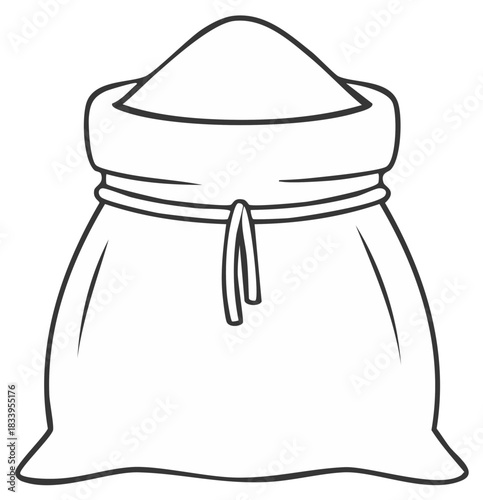 Line art illustration of a tied burlap sack full of granular ingredients like flour sugar or grain