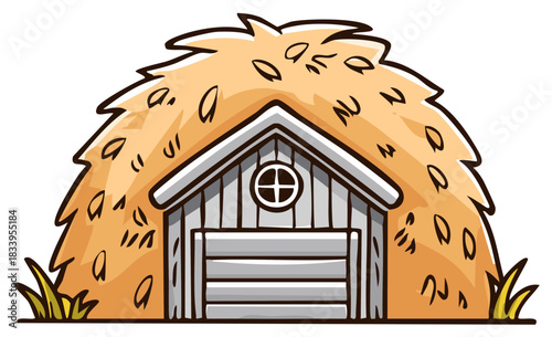Cartoon illustration of a barn covered with a hay bale