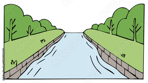 Hand drawn cartoon landscape of a calm canal flowing between stone banks and green trees