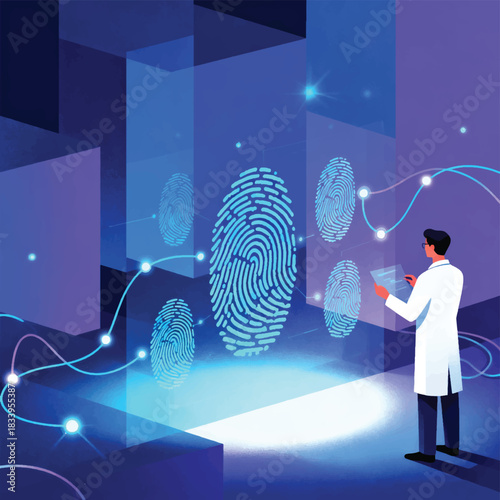 Illustration: Digital Analyst Examining Data Trail, Digital Fingerprint Symbol, Connection Lines Vector Design Template