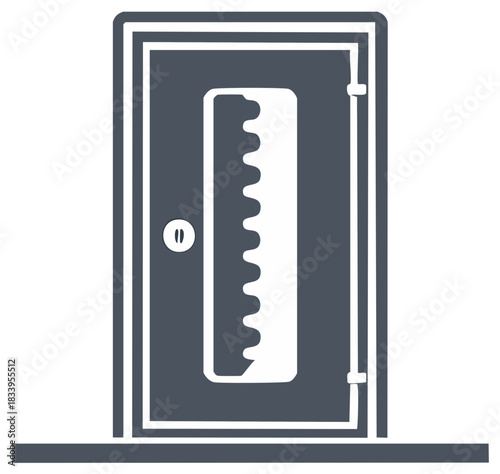 Abstract dark gray door icon with a wavy serrated vertical shape and keyhole graphic