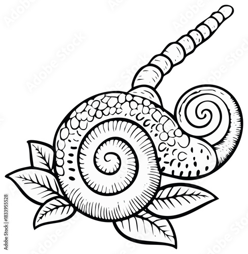 Detailed Snail Shell Sketch with Leaves, Spirals, and Intricate Patterns for Coloring Pages and Tattoo Design