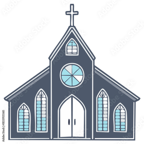 Stylized religious building with cross and stained glass windows for worship and community gatherings