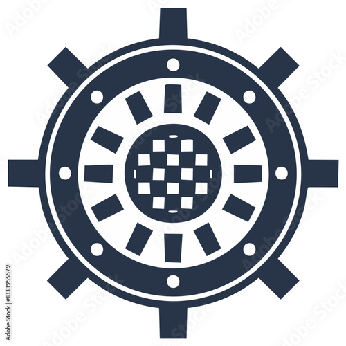 Gear with Spokes and Checkered Pattern, Dark Blue Vector Illustration