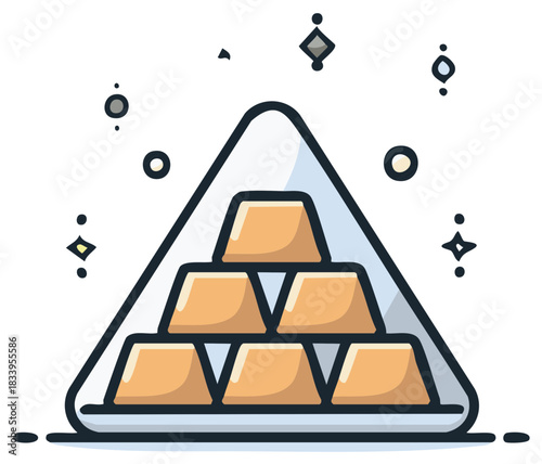 Stacked gold bars in pyramid shape with sparkles and abstract elements symbolizing wealth