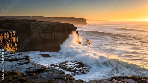 Dramatic Ocean Waves Crashing Against Coastal Cliffs at Sunset