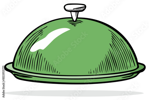 Hand drawn illustration of a domed green food serving cloche with a handle on a plate