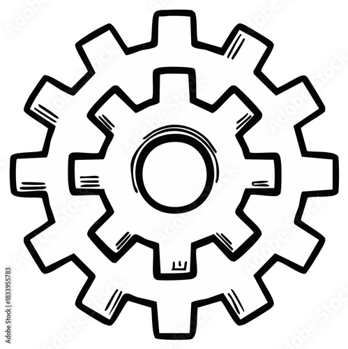 Stylized drawing showcasing two interlocking gears, rendered in a clean black and white line art style, emphasizing precision and mechanical design.