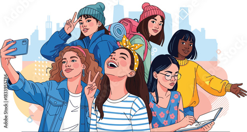 Group of diverse friends having fun and taking selfies on vacation in the city, capturing memories and enjoying friendship, a modern lifestyle moment