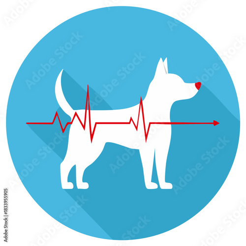 Veterinary care icon with a dog silhouette and red EKG heartbeat line
