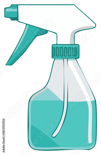 Turquoise cleaning spray bottle illustration on white background, cleaning equipment, chemical liquid in sprayer