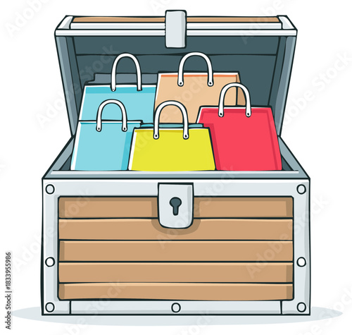 A treasure trove of shopping finds with colorful bags in a vintage wooden chest vector illustration