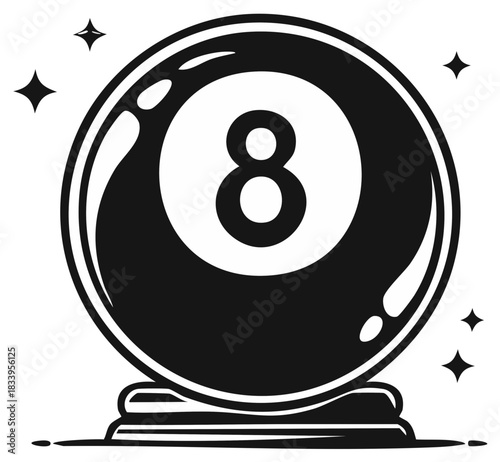 Mysterious eight ball encased within a sparkling fortune telling crystal sphere predicting future decisions and luck