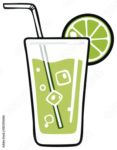 Green refreshing citrus drink with lime and ice cartoon illustration