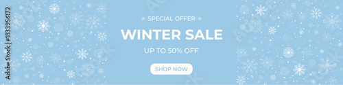 Winter sale banner with light snowflakes on a frosty blue background. Soft grain texture banner. Elegant seasonal promotional design