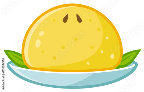 Stylized Yellow Fruit with Seeds and Green Leaves on a Plate