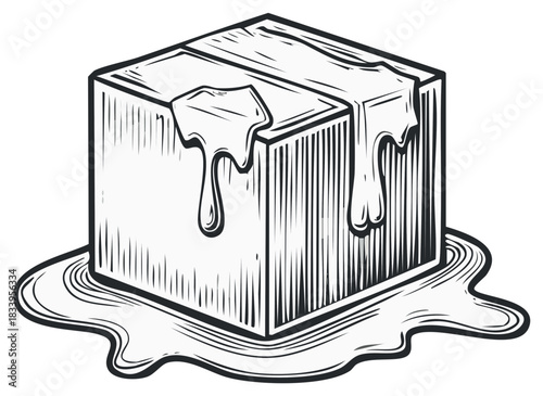 Graphic illustration of a melting block dissolving and forming a liquid puddle abstract concept