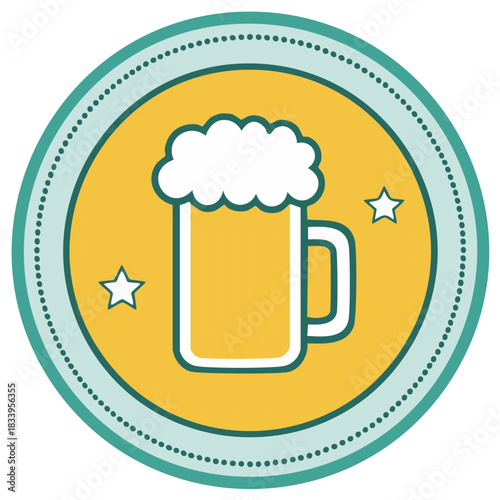 Beer mug icon in yellow circle badge with stars for celebration and party design