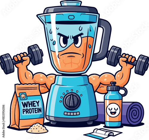 Strong Muscular Blender Character Holding Dumbbells for Post-Workout Protein Shake Illustration