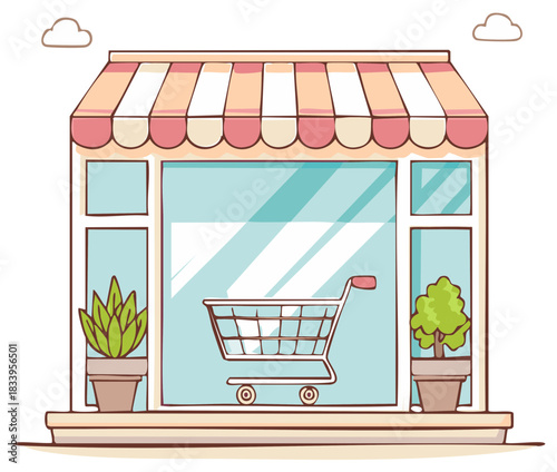 Storefront illustration with shopping cart, plant pots and awning, cute cartoon style shop