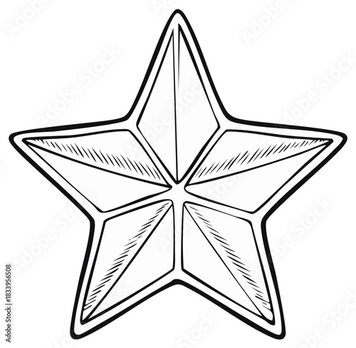 Hand drawn stylized star shape with geometric facets and hatching detail in black and white