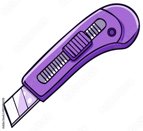 A purple cartoon utility knife with a retractable snap off blade. Vector art of a craft box cutter tool.