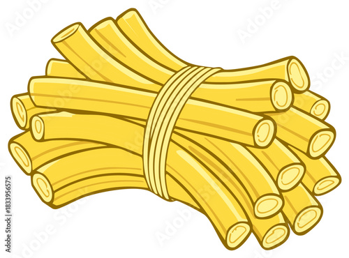 Bundle of uncooked yellow pasta tubes tied with twine in a rustic farm style