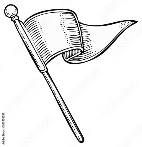 Engraved Blank Pennant Flag Waving on Pole Black White Illustration