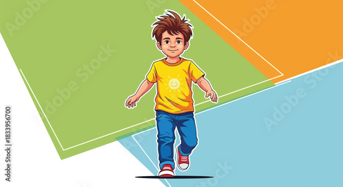 Cheerful young boy walking happily wearing a sunny yellow shirt and bright blue jeans in a playful colorful setting, radiating joy and carefree youth
