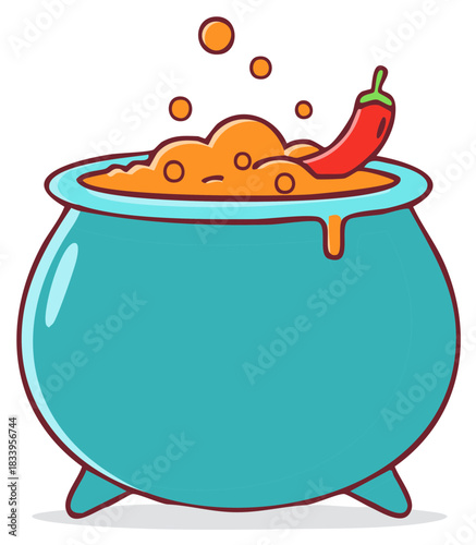 Illustration of a cauldron filled with bubbling orange mixture and a chili pepper