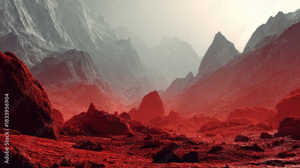 Fototapeta premium Dramatic landscape of mountains in a reddish hazy atmosphere