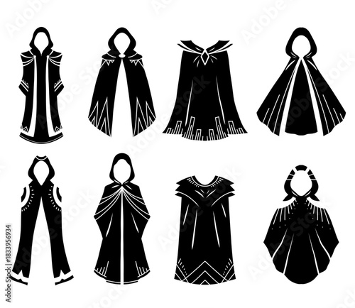 Vector monochrome set of fantasy cloaks in various styles. Collection of black silhouette wizard clothing for games and concept art.