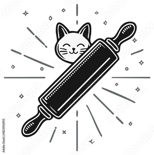 Cute cartoon cat peeking behind a rolling pin with decorative rays and stars
