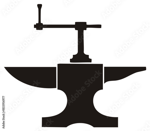 Silhouette of a blacksmith's anvil and post vise, traditional tools and equipment.