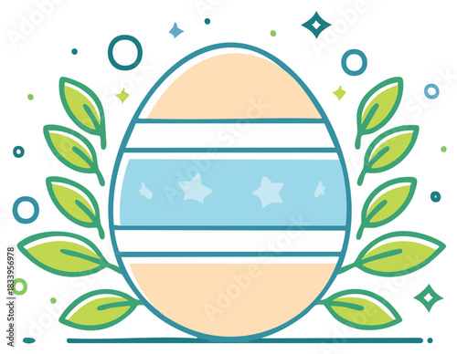 Festive Easter Egg with Star Pattern and Leaf Branches Line Art Icon